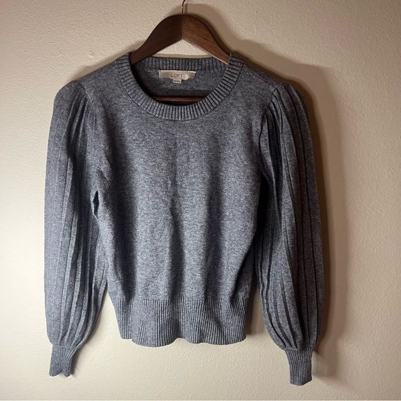 Ann Taylor LOFT Pleated Puff Sleeve Sweater Slate Heather Size Extra Small - Picture 1 of 8